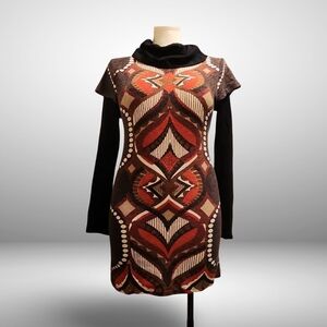 Aryeh Long Sleeve Geometric Vintage Inspired Sweater Dress With Cowl